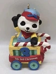 Hallmark's Teddy Panda Bear Train Ornament Peppermint Express My 3RD Christmas. Fixed Price $6.97.