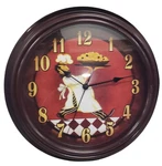 Plastic Kitchen Wall Clock, 12", Fat Chef With Pasta Bowl, Brown Frame, Harko. Fixed Price $29.99.