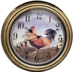 Plastic Kitchen Wall Clock, 12", Rooster On The Farm, Golden Frame, Harko. Fixed Price $29.99.