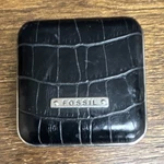 Fossil Travel Alarm Clock Black Leather & Metal Analog Square Arabic Numerals. Fixed Price $11.99.