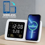 Wireless Phone Charging Stand With Alarm Clock, Calendar, Temp, Humidity Display. Fixed Price $34.99.