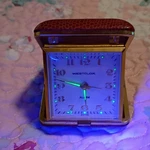 Westclox Folding Travel Alarm Clock, Analog Mechanical, Brown/gold Square Metal. Fixed Price $33.00.