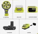 Hurricane Combo Ryobi 18V Clamp Fan Bluetooth Speaker, Light, Battery Charger Pr. Fixed Price $110.10.
