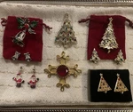 Vintage Avon Christmas Jewelry Set: 4 Brooches, Pairs Earrings. Fixed Price $118.00.